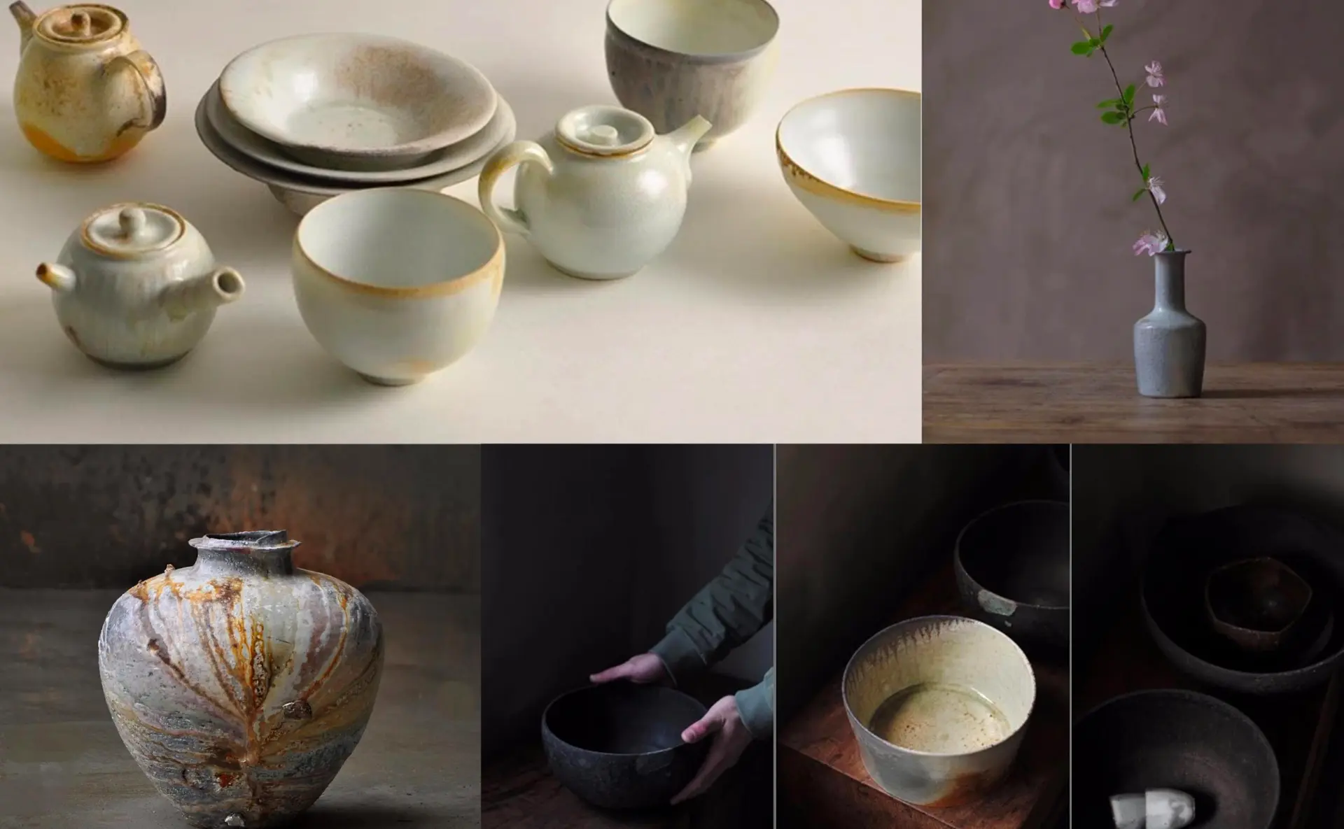 Reference collage of handmade cream-glazed teapots and bowls, a pale vase holding a pink blossom branch, a rust-dripped stoneware vase and hands cradling a dark textured bowl