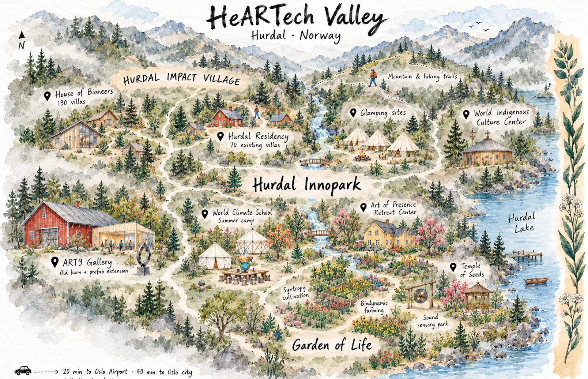 Illustrated map of HeARTech Valley in Hurdal, Norway, with the ART9 Gallery marked at the old barn and prefab extension