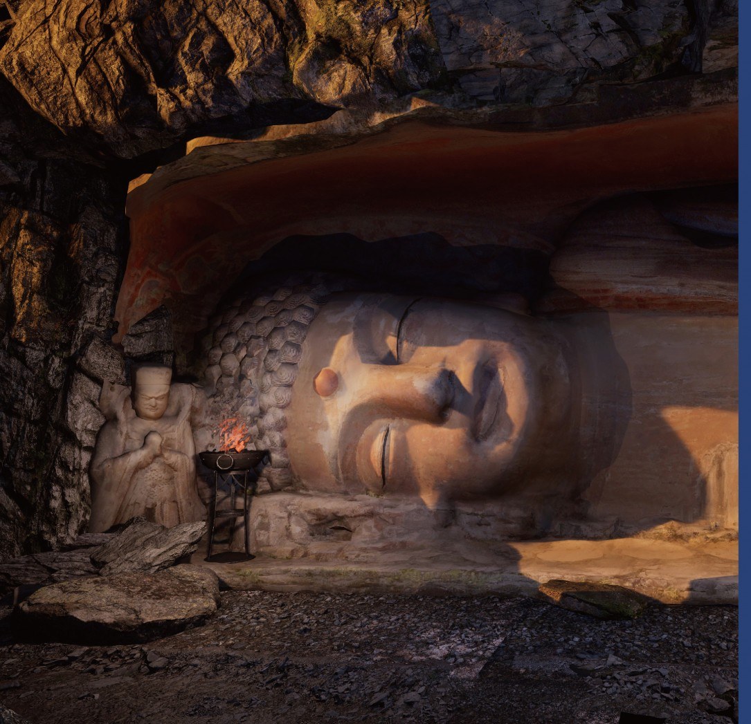 Reclining Buddha within a restored grotto scene