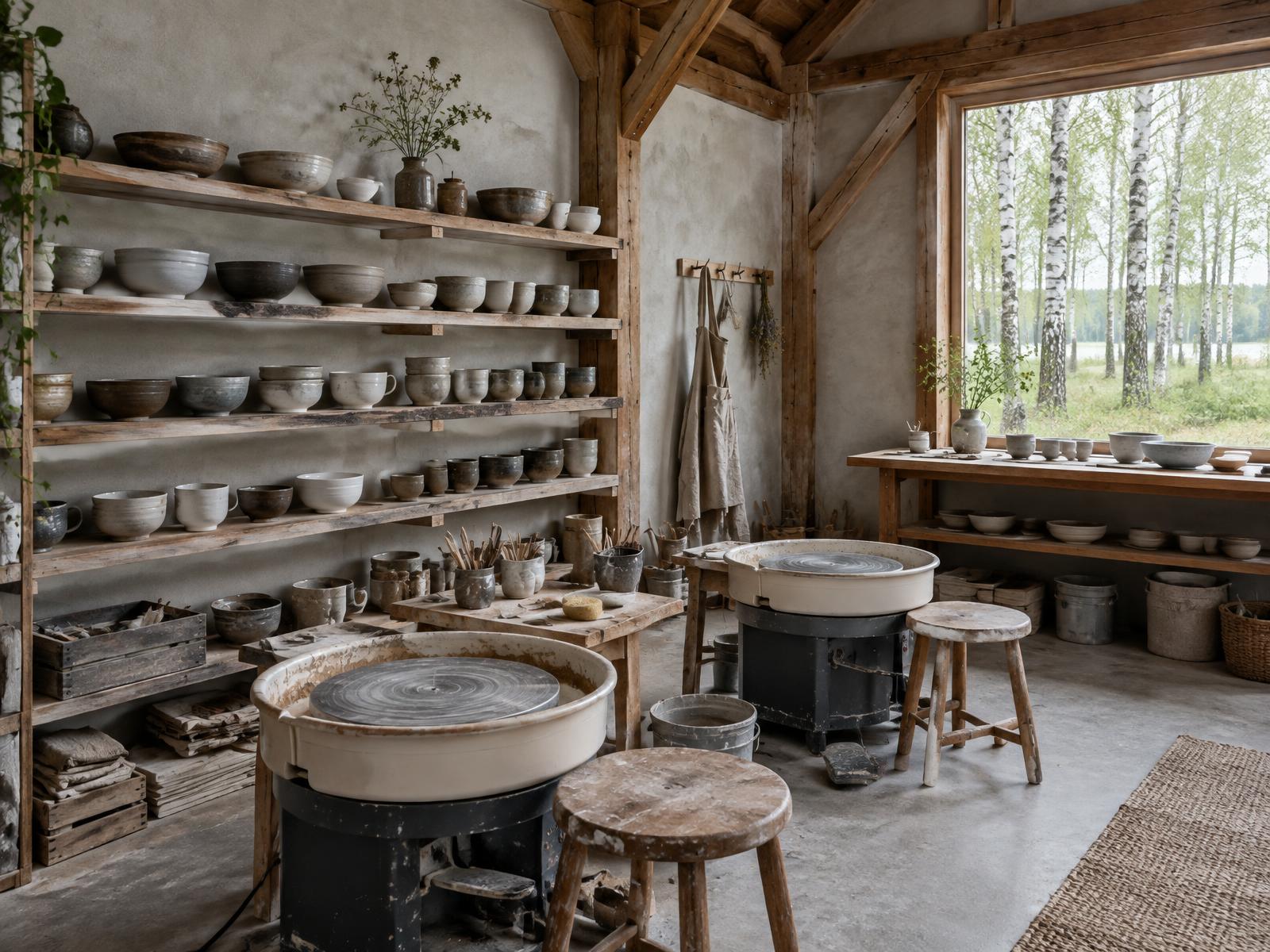 Concept of an attached ceramic studio with pottery wheels, handmade vessels and a birch woodland window