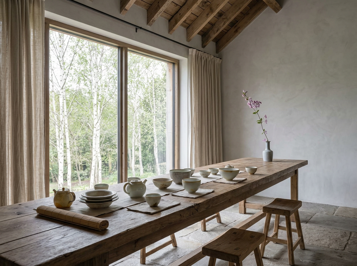 Concept of an attached Nordic teahouse with handmade ceramic tea vessels on a long timber table